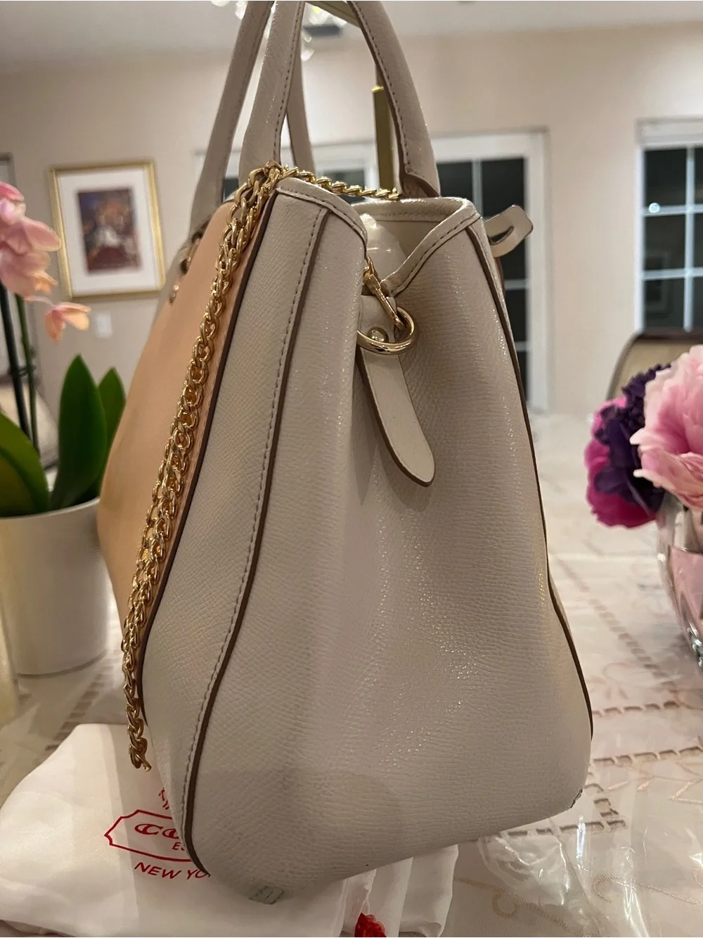 Coach Blush Peach Ivory Pebbled Leather Satchel Gold Chain Carryall Luxury
